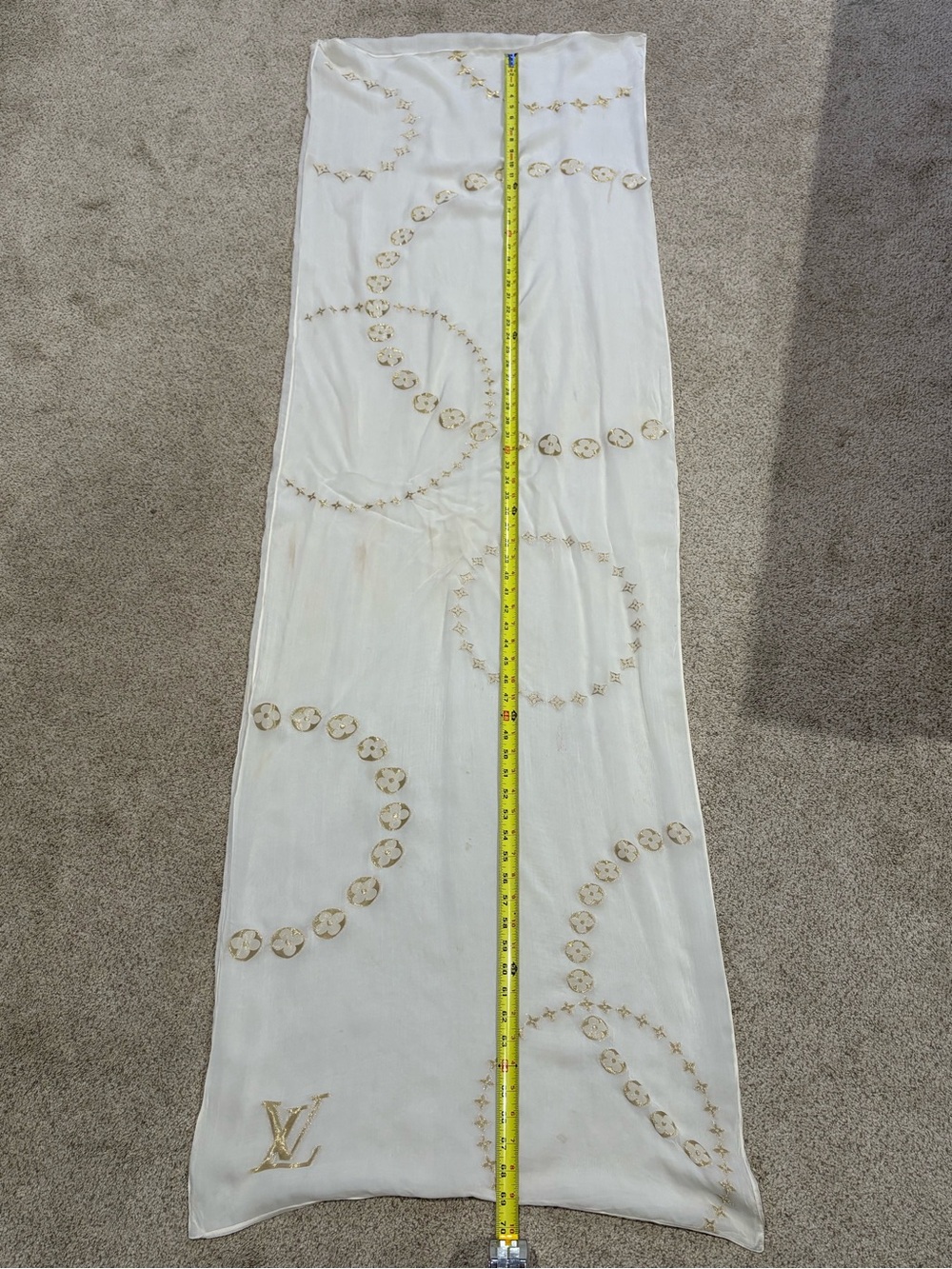 LOUIS VUITTON LV Monogram Ivory Gold Shiny Silk Scarf Shawl Wrap Stole 185 70’